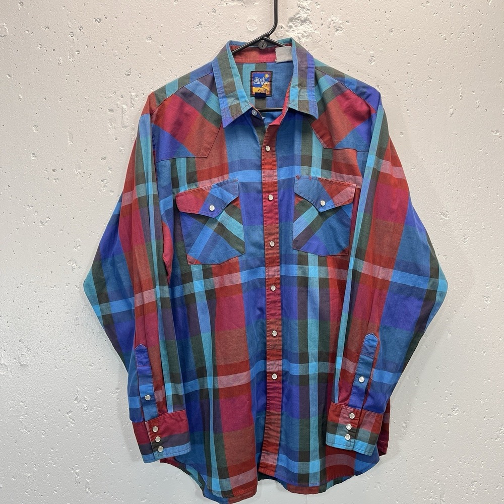 VTG Rock Canyon Mens Large Western Pearl Snap‎ Long Sleeve Shirt Blue Red Plaid